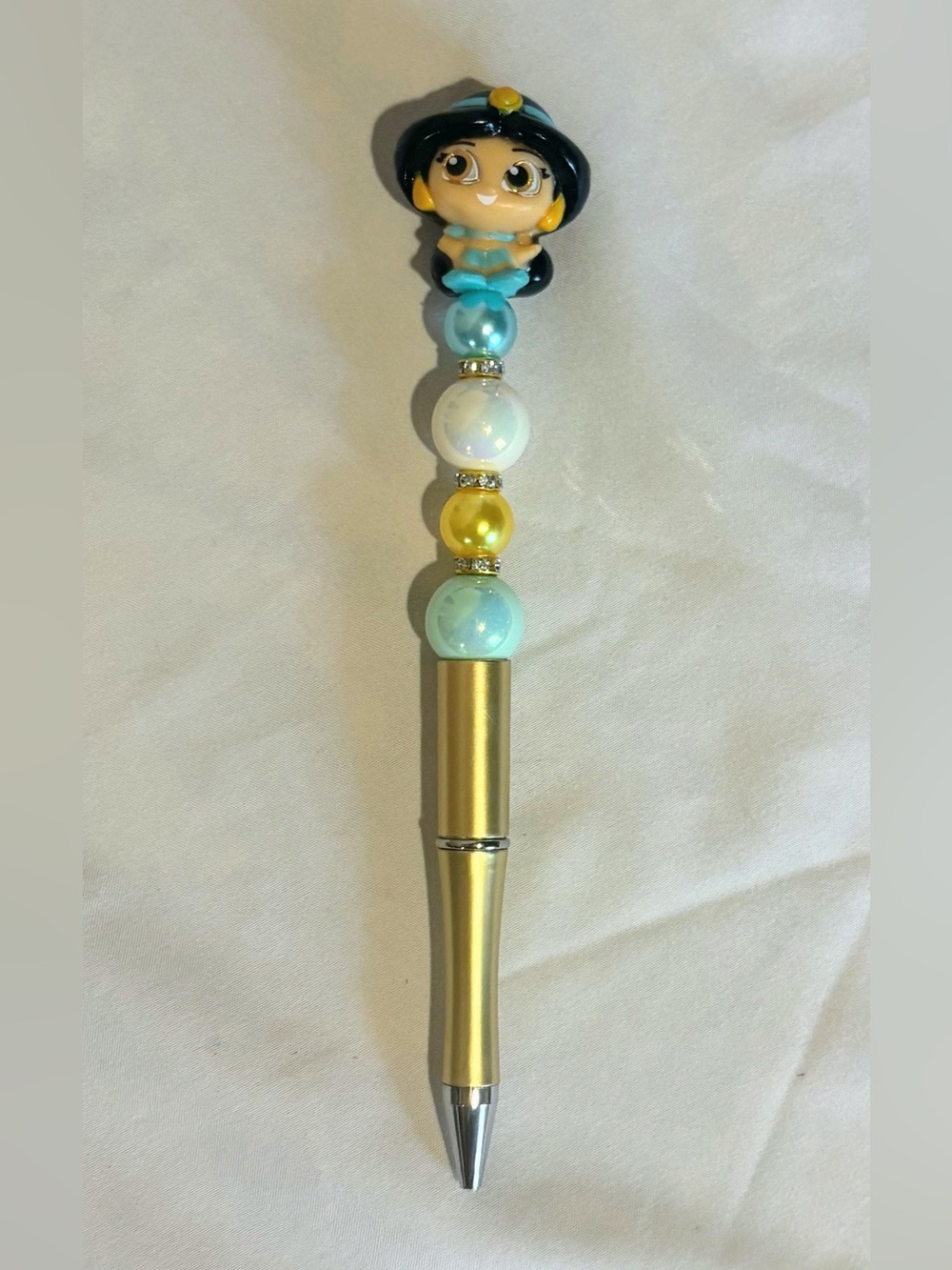 Princess Jasmin Blue & Gold Beaded Accent Ballpoint Pen - nwot